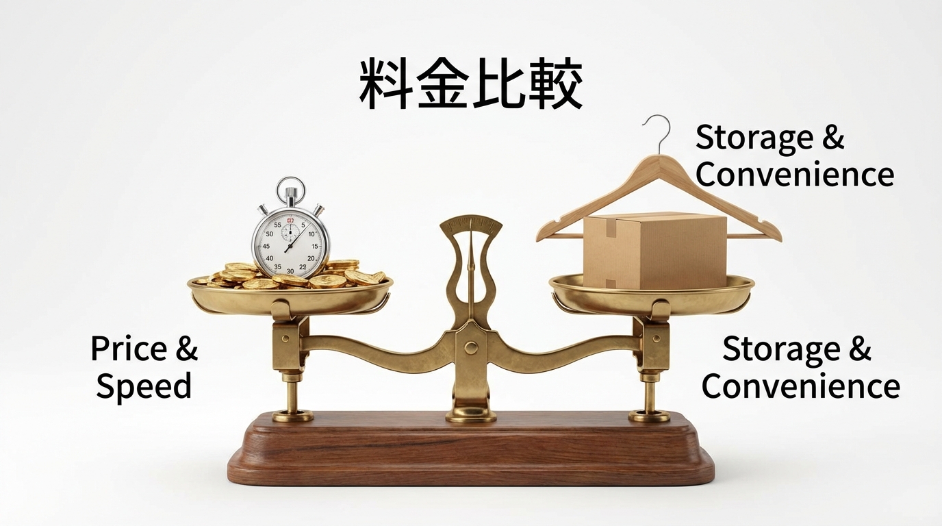 天秤のイラスト。片方に「料金とスピード」、もう片方に「保管と手軽さ」が乗っているイメージ。日本語テキスト「料金・納期比較」を含める