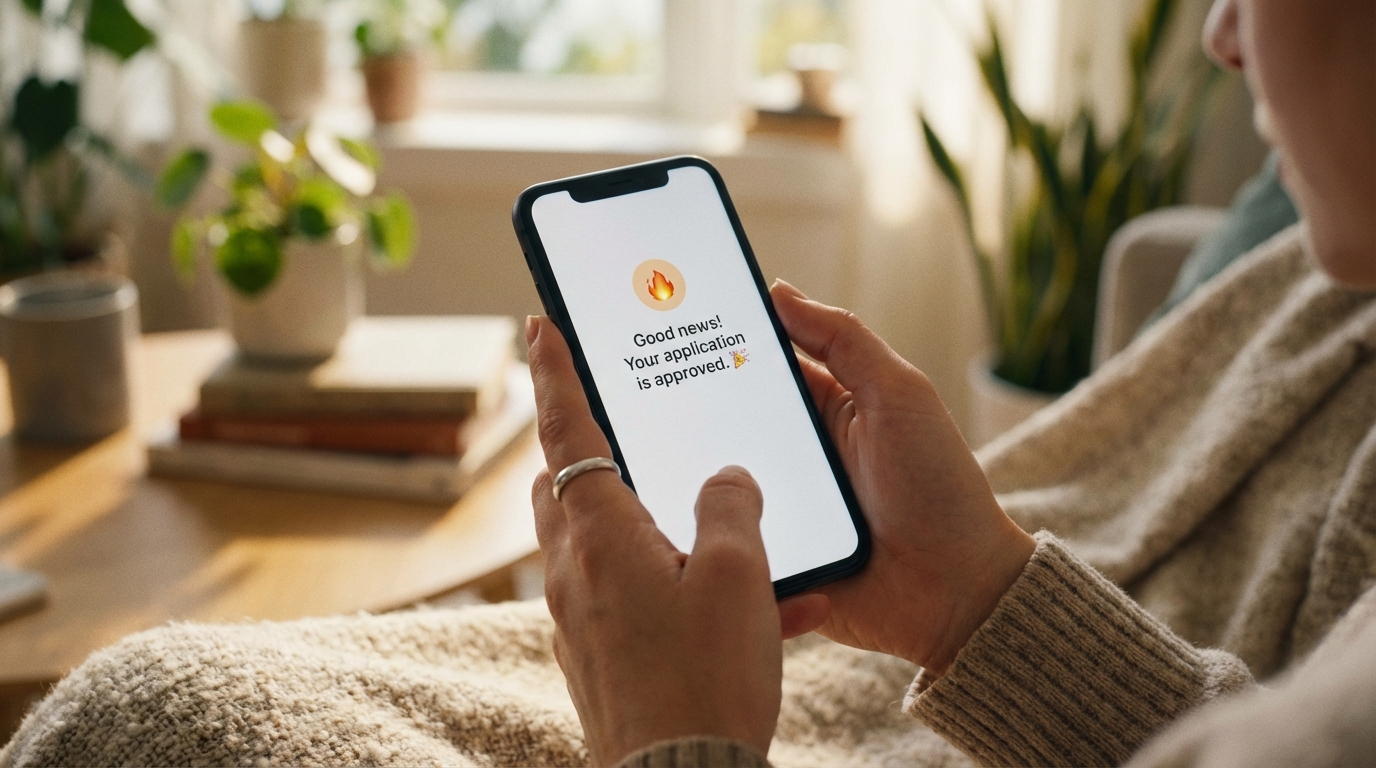 スマホ画面を見ながら、安心して頷いている女性の手元。画面には「見積もり完了」の文字イメージ