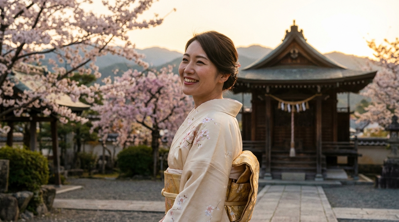 美しく蘇った着物を着て、笑顔で振り返る女性。背景は桜並木や神社など和の風景
