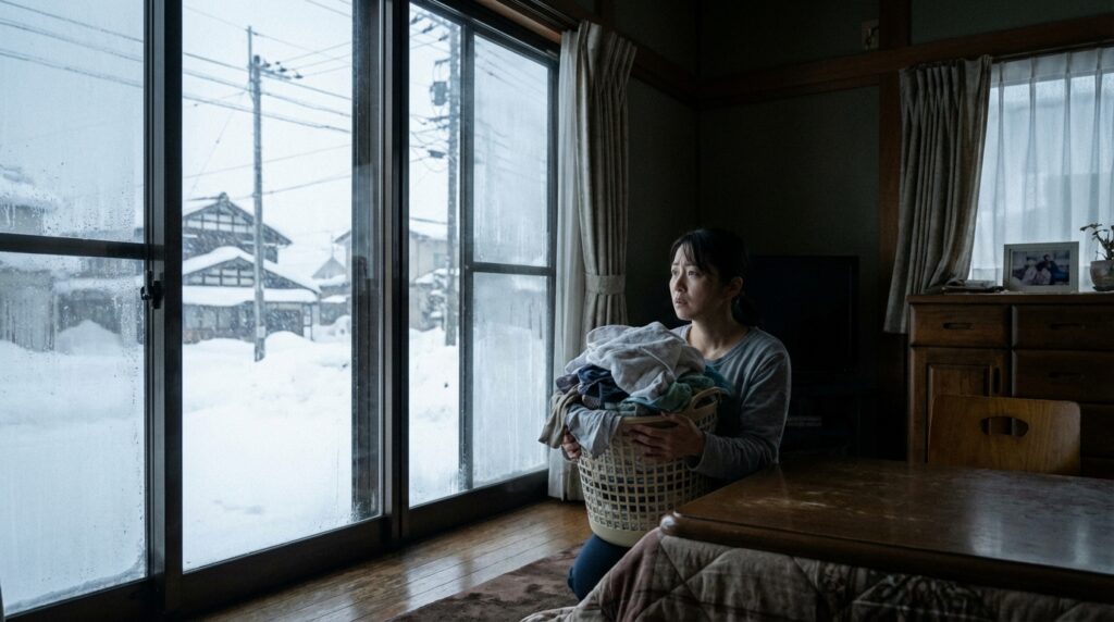 魚沼の雪景色を背景に、洗濯物の悩みを抱える女性のイメージ