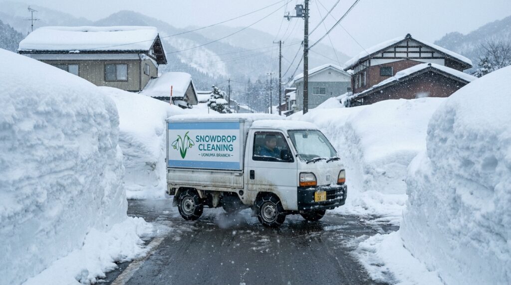 魚沼の雪道を走るクリーニング集配車のイメージイラスト
