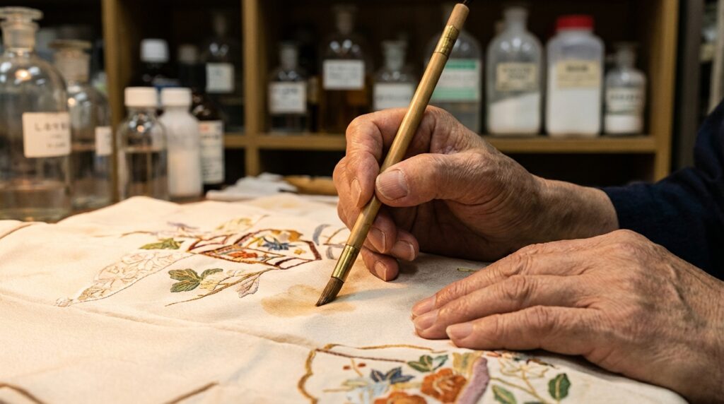 魚沼のクリーニング職人が一点一点丁寧にシミ抜きをしている手元のアップ。背景に専用の薬剤が並ぶ