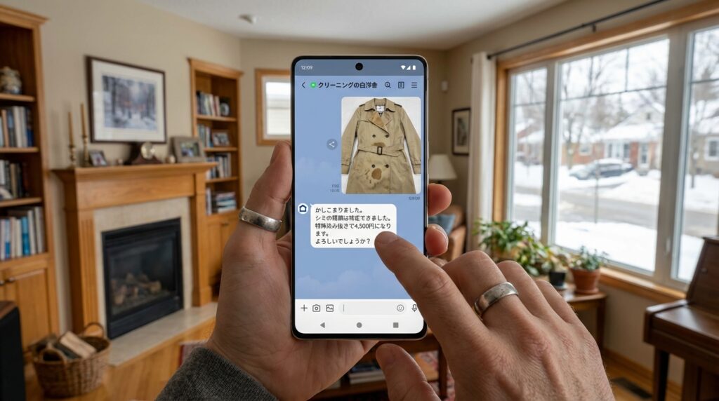 スマートフォンのLINE画面で、クリーニング店とやり取りをしている手元のイメージ