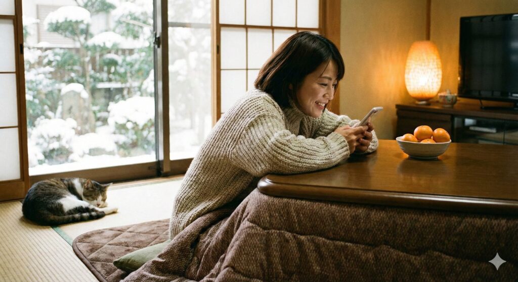 こたつに入ってLINEで高村クリーニングの見積りをしている女性