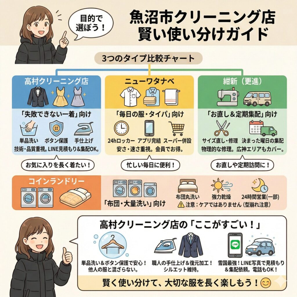 魚沼市の主要クリーニング店3タイプとコインランドリーの特徴を比較した図解