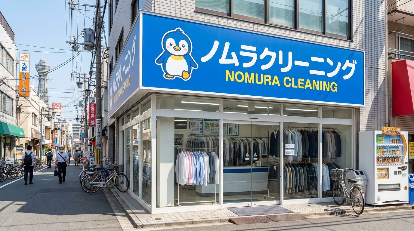 ノムラクリーニングの店舗外観。青い看板とペンギンのロゴが特徴的な、清潔感のある店舗。