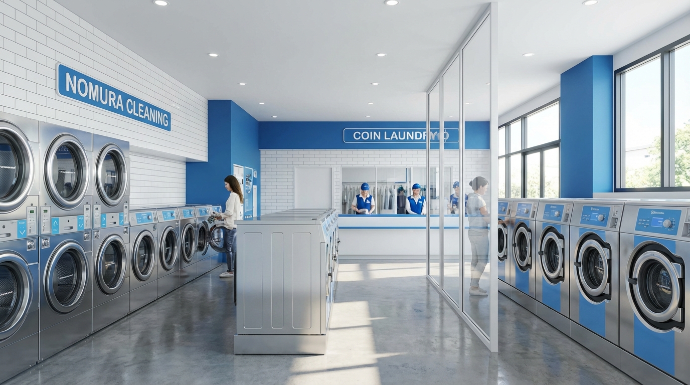 ノムラクリーニングに併設されたコインランドリーの内観。最新の洗濯乾燥機が並び、清潔で明るい空間。