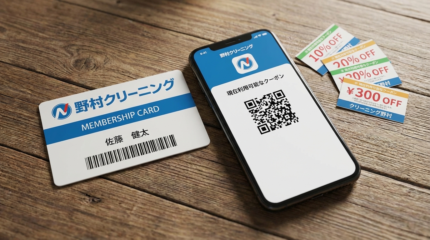 ノムラクリーニングの会員カードとスマートフォンのアプリ画面、そして割引クーポンのイメージ。