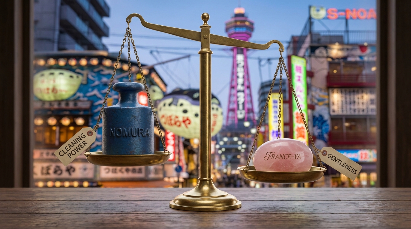 天秤のイラスト。左皿に「洗浄力のノムラ」、右皿に「優しさのフランス屋」が載り、釣り合っているイメージ。背景は関西の街並み。