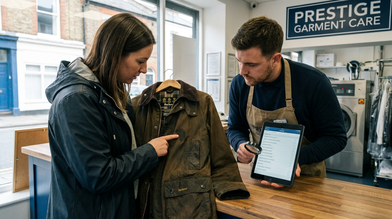 クリーニング店の受付カウンターで、客と店員が一緒に衣類のシミを指差して確認しているシーン。手元には「確認」のチェックリスト。
