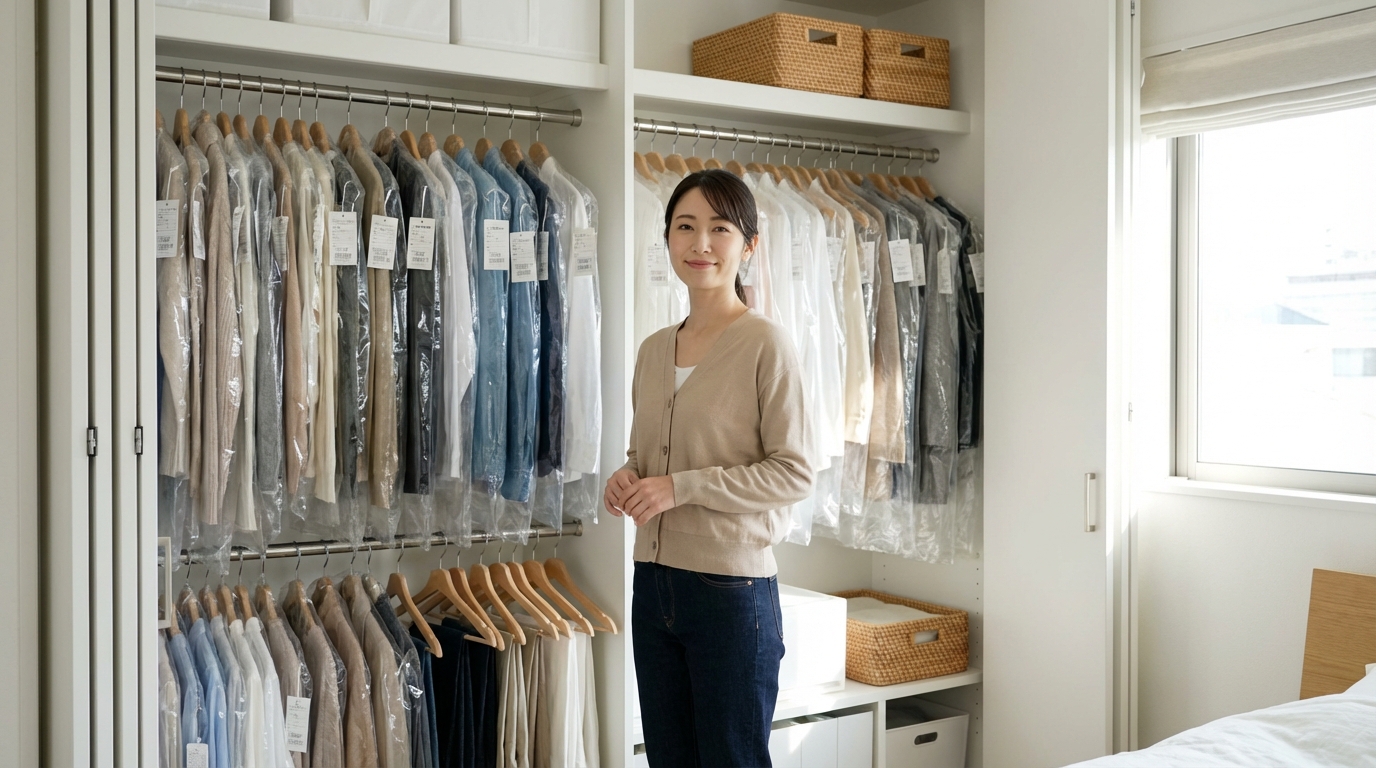 クローゼットの前で満足そうに微笑む女性。きれいに仕上がった服が並んでいる。