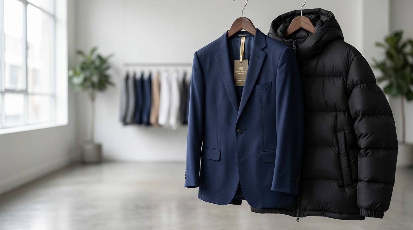 プラスキューブのサービスイメージ（高級感のあるスーツとダウンがハンガーにかかっている）