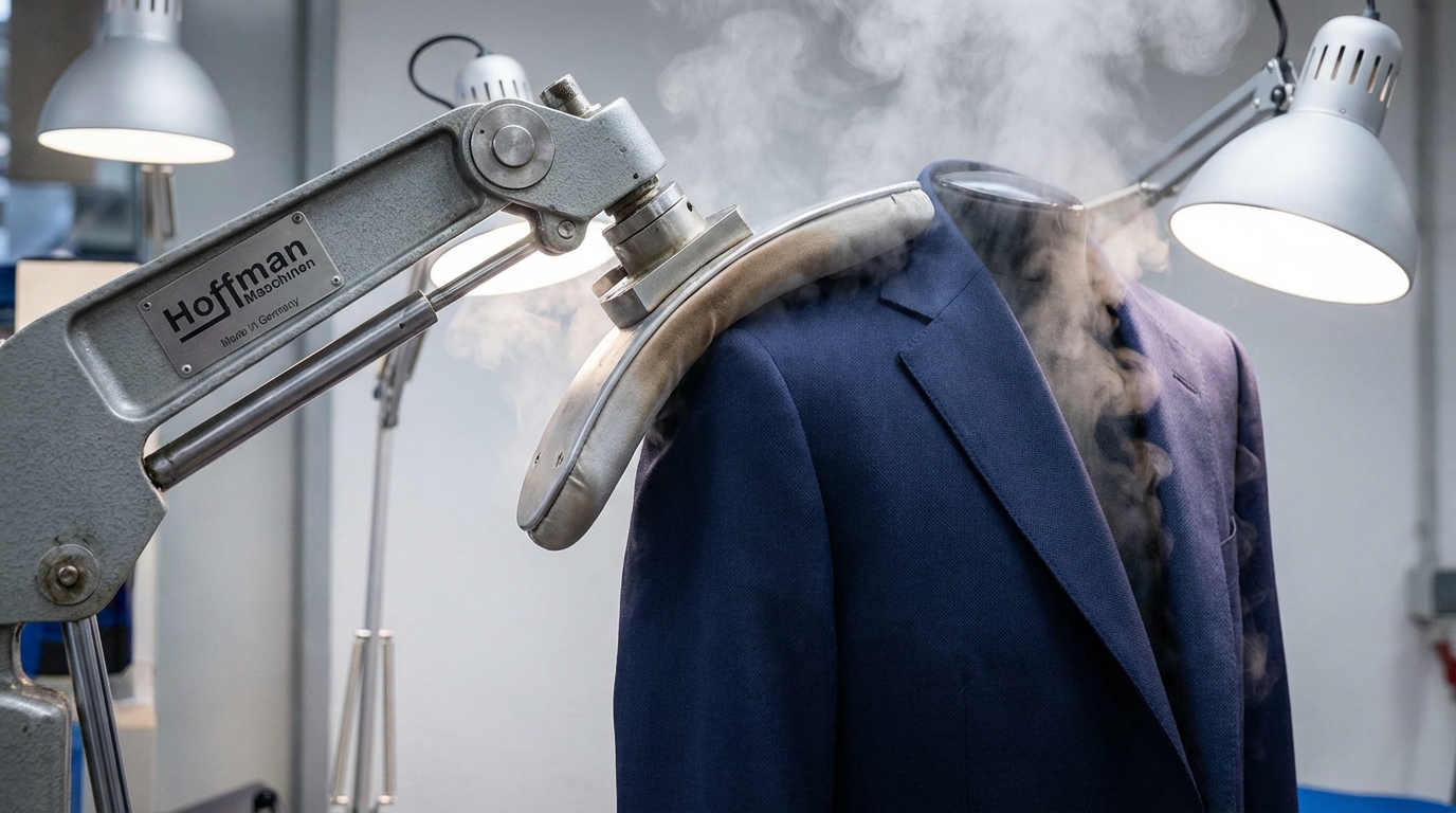 プラスキューブでドイツ・ホフマン社製のプレス機でスーツを立体的に仕上げている様子