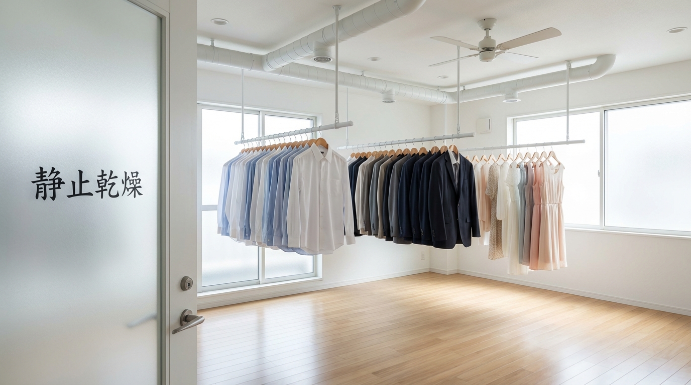 静止乾燥のイメージ。清潔な部屋でハンガーにかけられた服が並んでいる