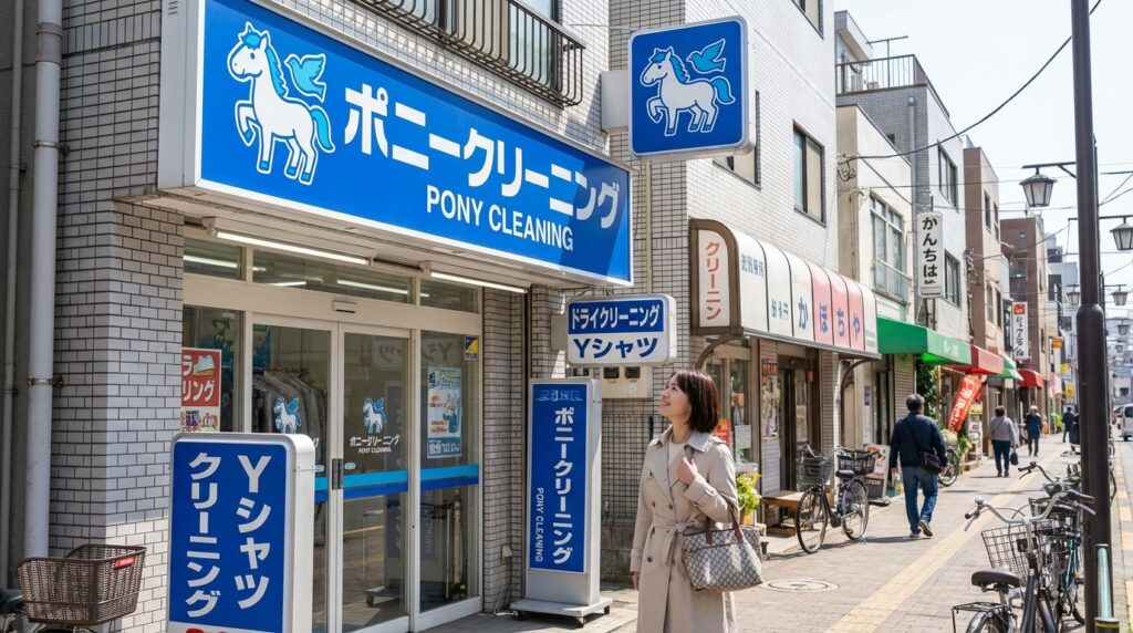 ポニークリーニングの店舗外観とロゴが見える街並みのイメージ