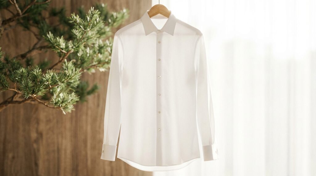 ワイシャツとヒノキのイメージ。清潔感のある白いシャツと檜の木