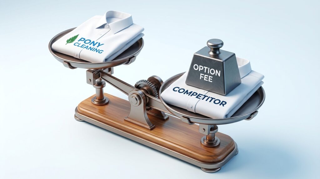 天秤を使ったコスト比較イメージ。片側に「ポニー（シャツのみ）」、もう片側に「他社（シャツ＋オプション）」を乗せ、ポニー側が軽い（安い）ことを示す図