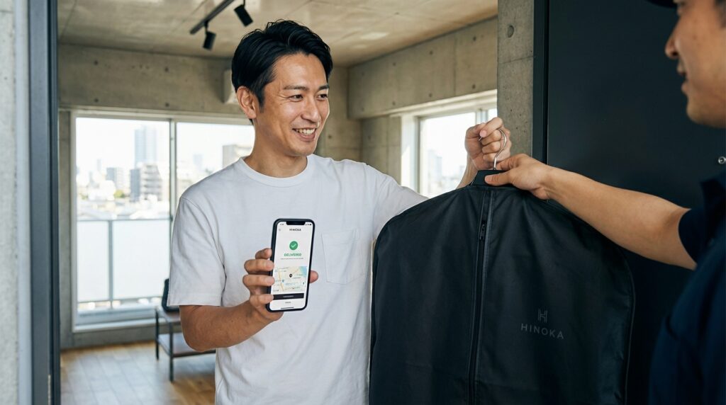HINOKAのアプリ画面と、玄関先で受け取るビジネスマンのイメージ