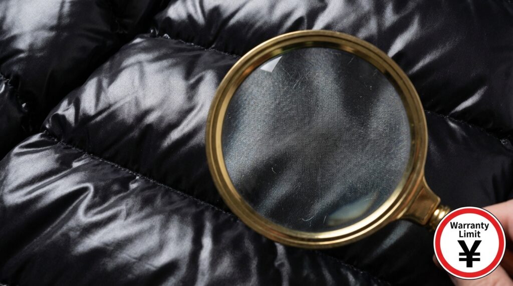 高級ダウンジャケットのクリーニングイメージ。ふっくらとした仕上がりと、注意書きのタグ