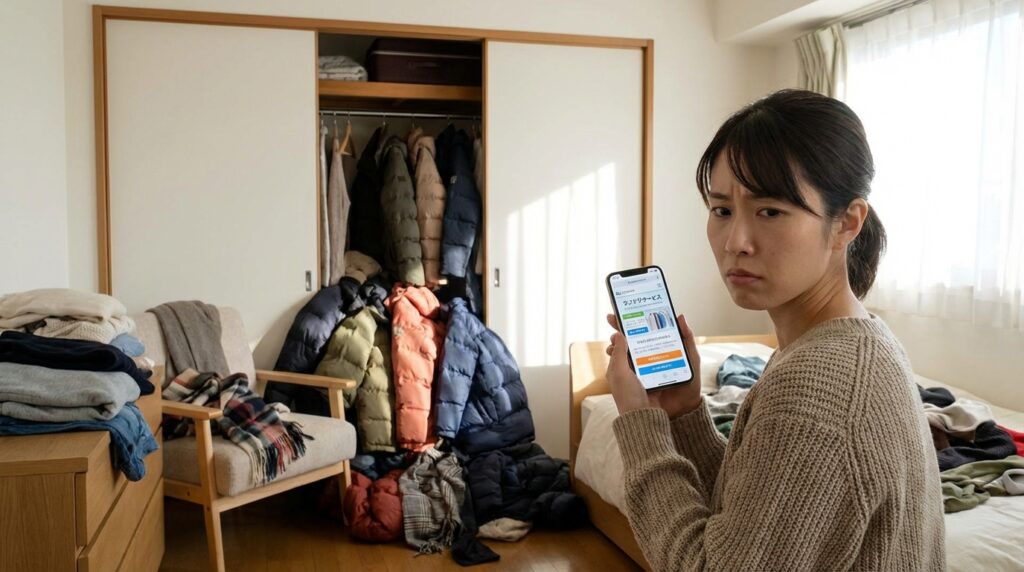 クローゼットから溢れる冬服に頭を抱える30代女性。手前にはスマホがあり、ポニークリーニングのサイトを見ている