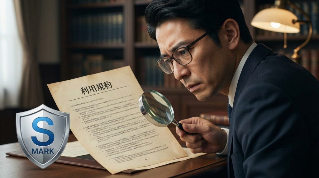 Sマーク（標準営業約款）のイメージイラストと、虫眼鏡で利用規約を確認するスーツ姿の男性。信頼感と厳格さを表現