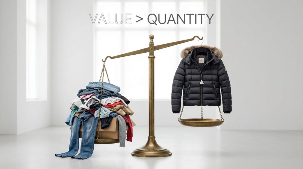 左側にファストファッションの服、右側に高級ダウンジャケットを配置し、天秤にかけているイメージ。価格と価値のバランスを表現