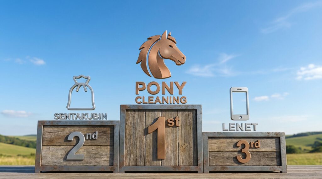 3つの異なるサービスロゴ（架空）を掲げた表彰台。1位の場所にポニークリーニングのロゴイメージ、2位にせんたく便、3位にリネット。それぞれの特徴を表すアイコン（子供服、スマホなど）を添える