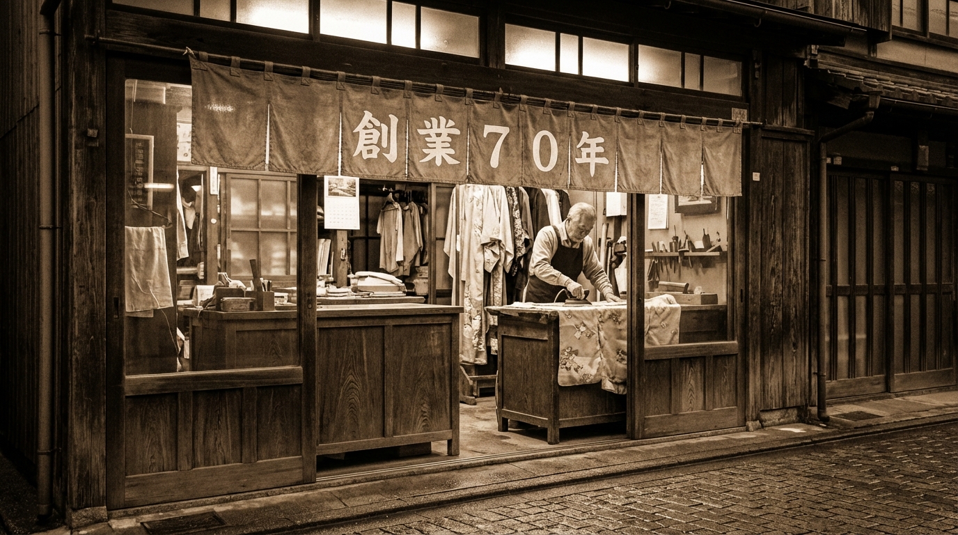 老舗クリーニング店の店構えや職人の作業風景