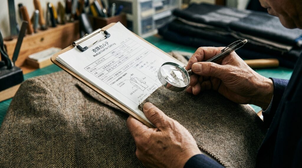 カルテを作成しているワードローブトリートメントの職人の手元。衣服のタグやシミを確認している