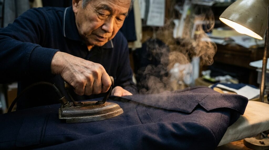 ワードローブトリートメントの職人がスーツのラペル部分にハンドアイロンをかけているイメージ