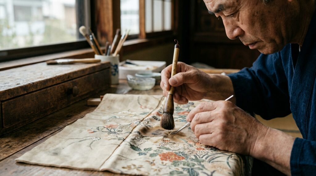 ワードローブトリートメントの職人が筆や特殊な器具を使い、着物や繊細な生地のシミをピンポイントで抜いている様子