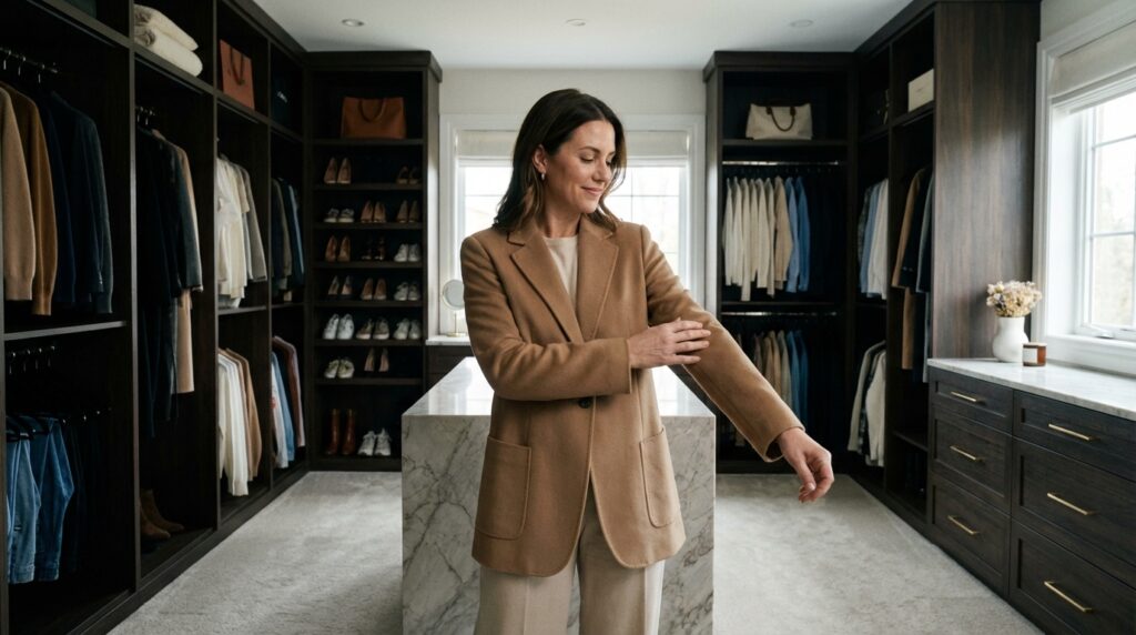 ワードローブトリートメントで綺麗になった服に袖を通し満足そうな女性