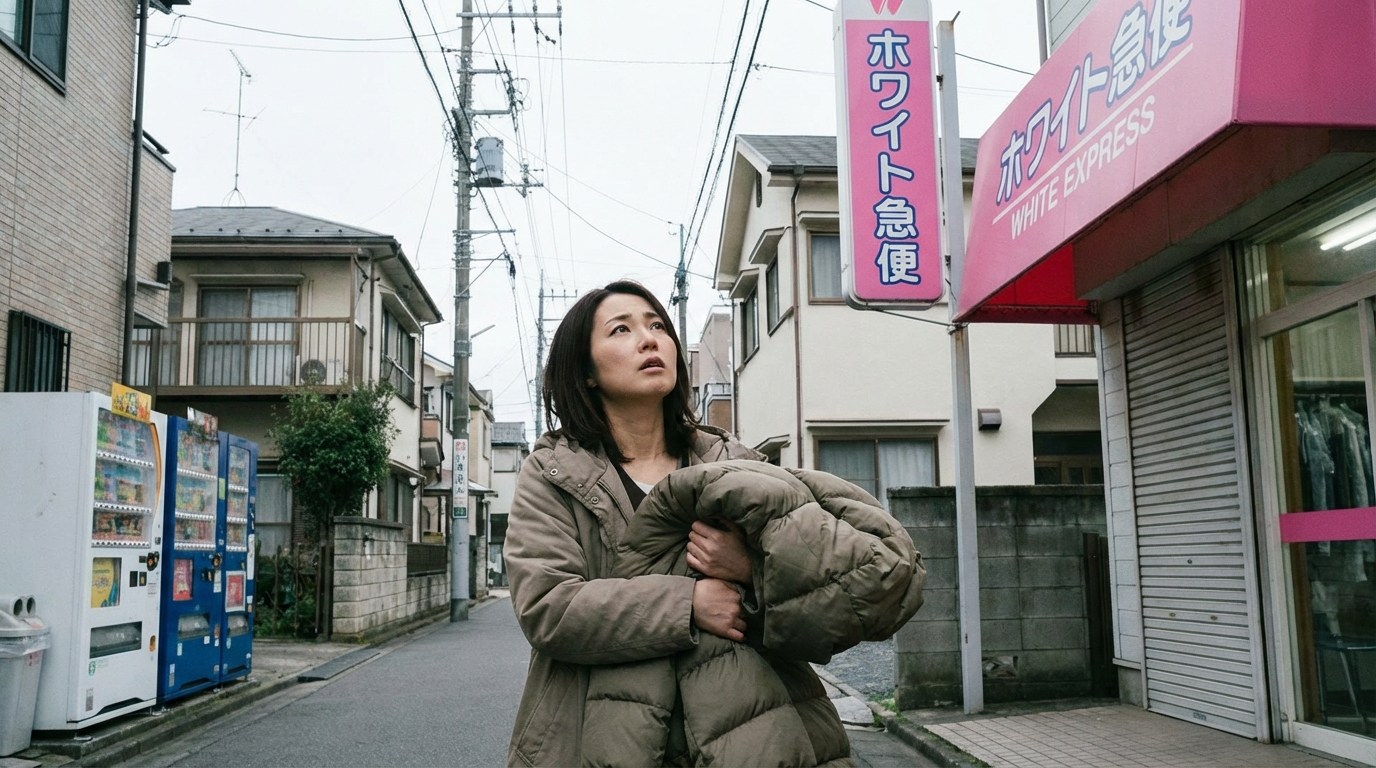 ホワイト急便の店舗外観と、悩む女性のイメージイラスト