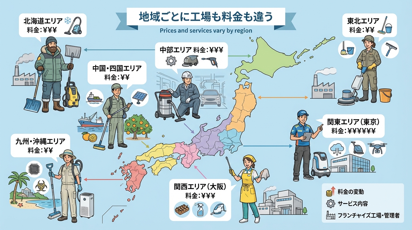 日本地図の上に複数の異なるオーナー（工場長）が立っているイメージ図解