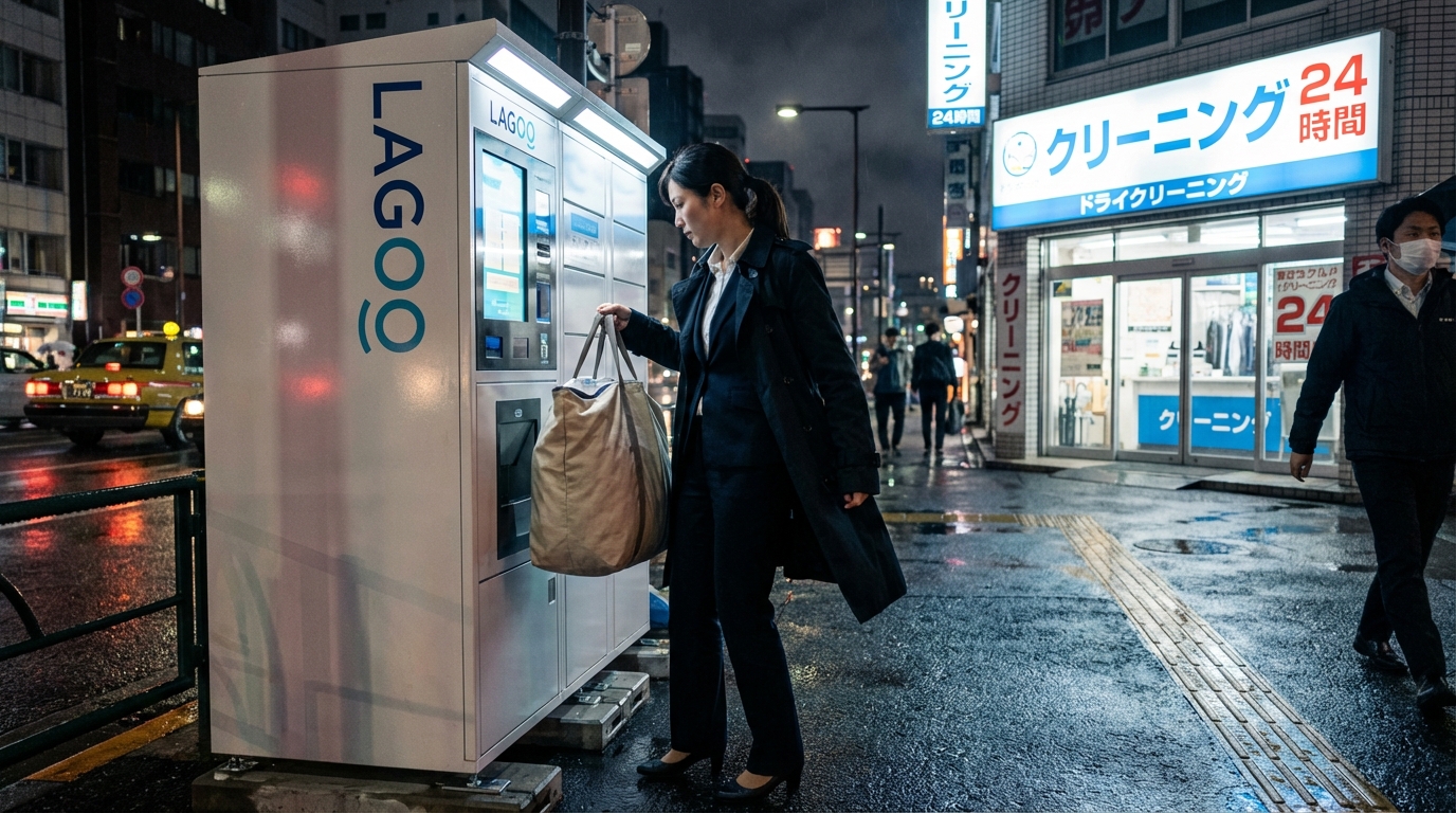 仕事帰りのスーツ姿の女性が、店舗前の24時間BOXに衣類を入れているシーン