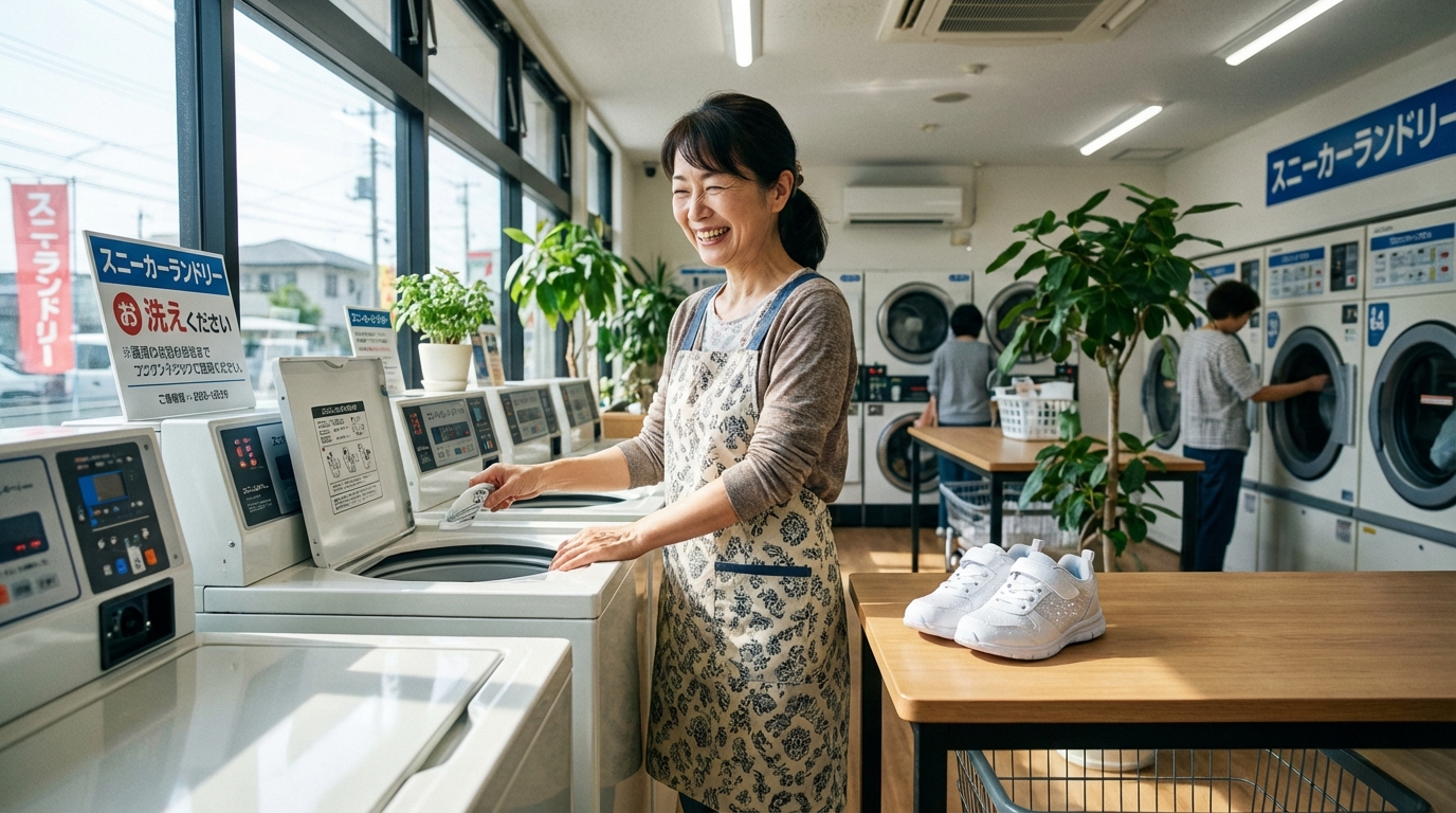 コインランドリーでスニーカーウォッシャーを使っている主婦の手元と、洗い上がった綺麗な靴