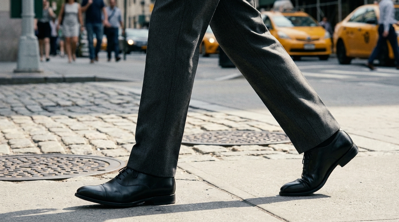 ビシッと折り目のついたスーツを着て自信ありげに歩くビジネスマンの足元アップ