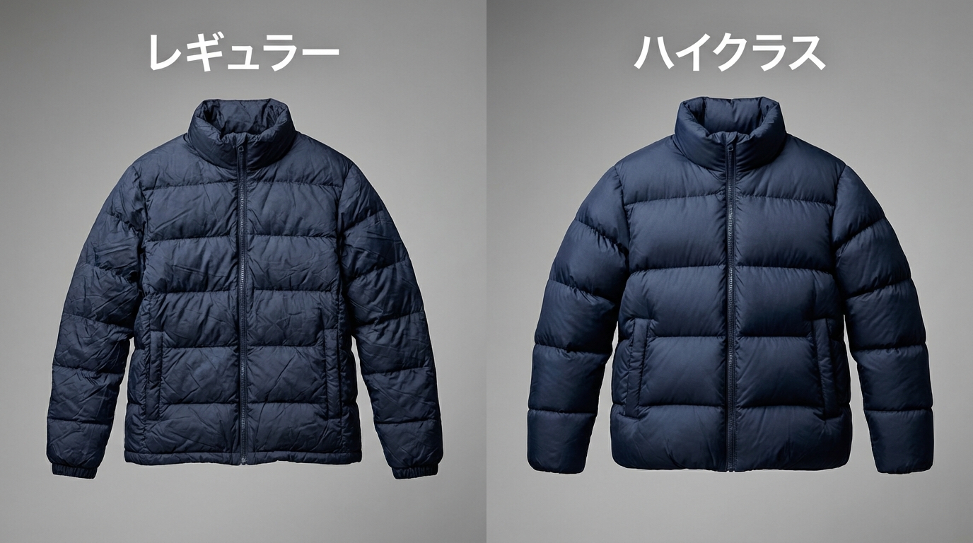 左側にぺちゃんこなレギュラー仕上げのダウン、右側にふっくらしたハイクラス仕上げのダウンを比較した図