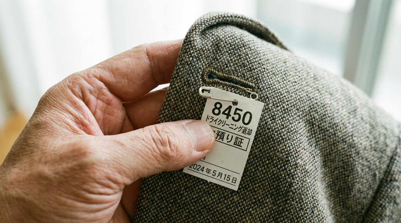 クリーニングのタグがついたままの服を指差し確認している手元のアップ