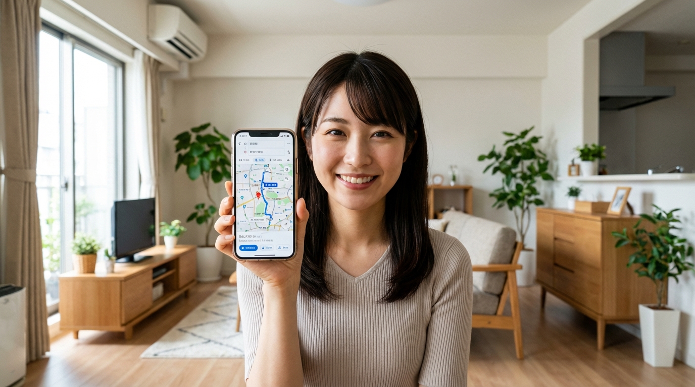 スマホでホワイト急便の店舗を検索し、笑顔になっている女性