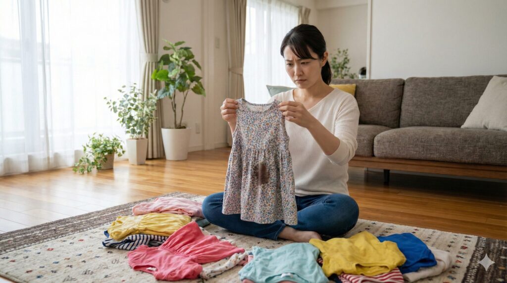 子供服が散らかったリビングで悩む母親のシーン