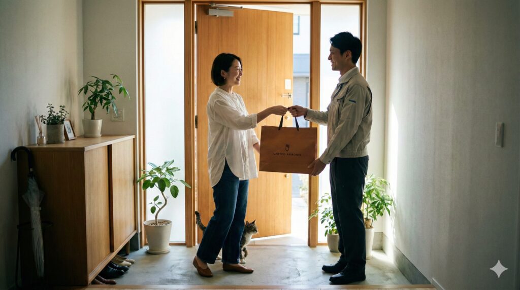 宅配クリーニングの利用イメージ(自宅の玄関先で宅配員に衣類を渡す女性)