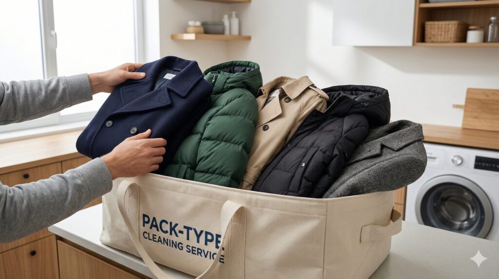 コートやダウンをまとめてパックに入れるイメージ