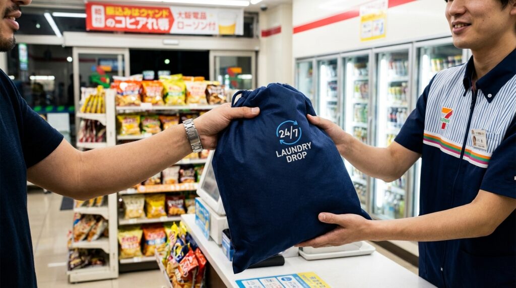 夜のコンビニでスマートにリネットにクリーニングを出す男性の手元