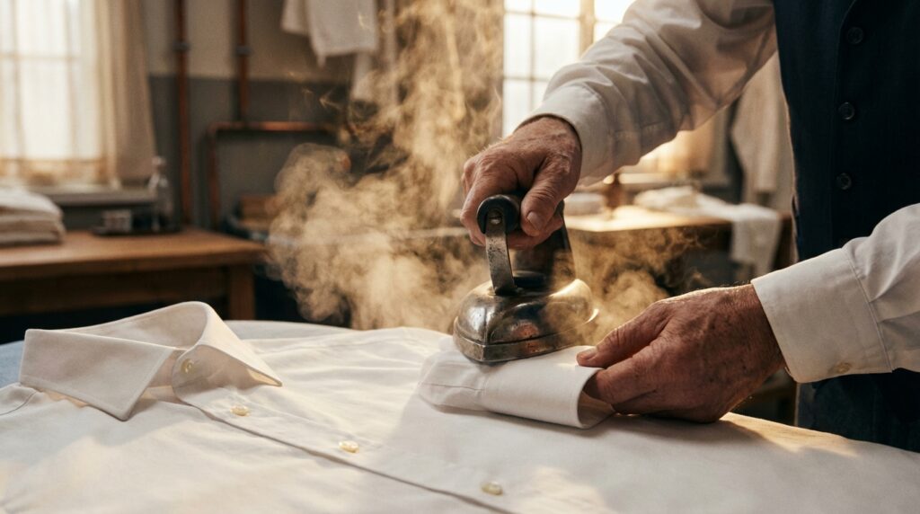 職人が丁寧にアイロンをかけている手元のアップ