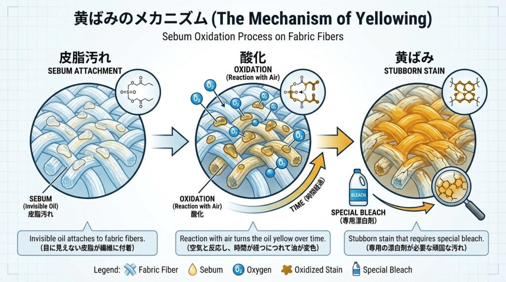 酸化による黄ばみのメカニズムを図解したイラスト