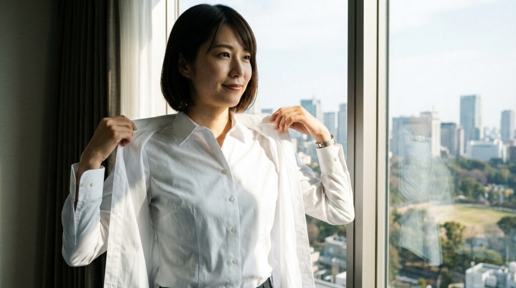 晴れやかな表情で新しい真っ白なシャツを着て出勤するシーン