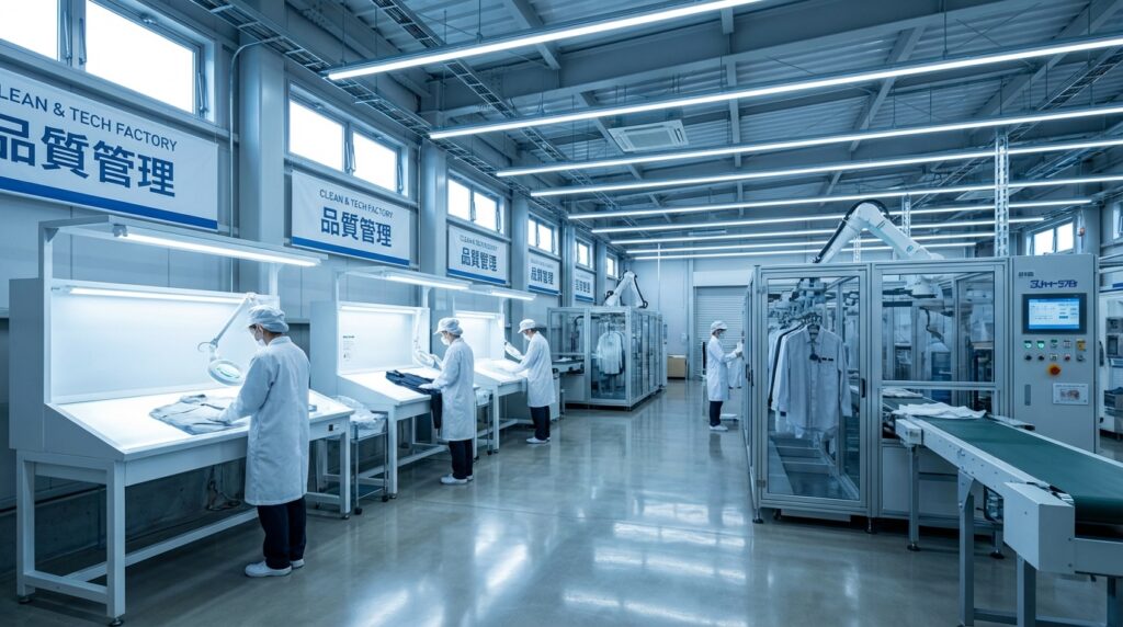 フランス屋の清潔なクリーニング工場の内部、プロが検品している様子