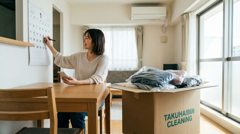 カレンダーを見ながら計画を立てる女性と、宅配キットの箱