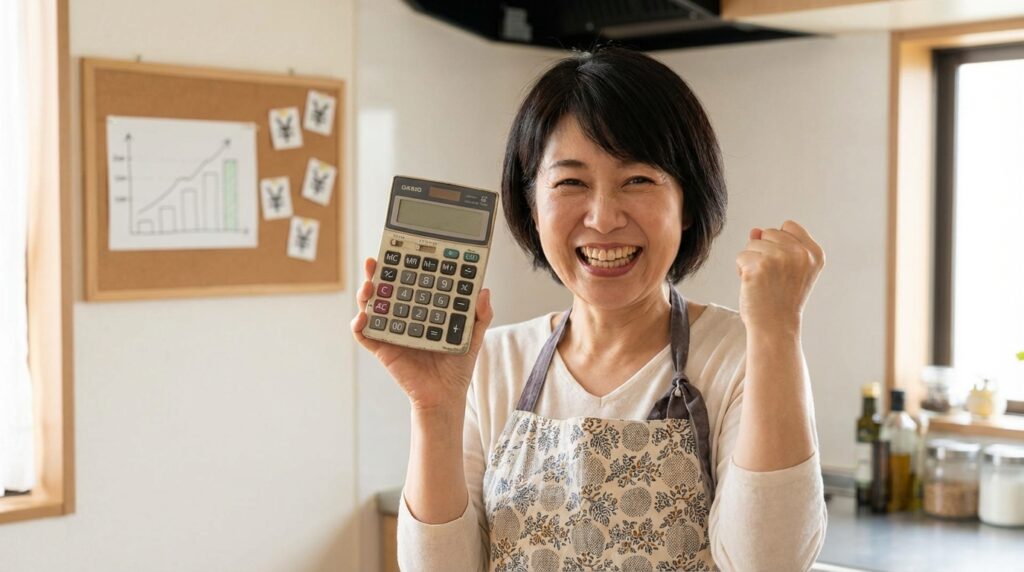 電卓を片手にガッツポーズをする主婦、お得な計算結果が表示されているイメージ